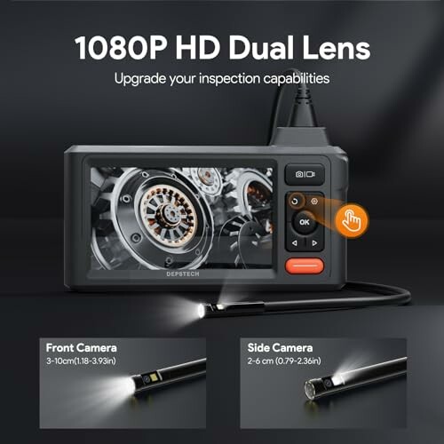 1080P HD dual lens camera with front and side views for inspection.