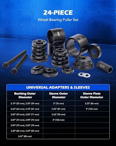 24-piece wheel bearing puller set with universal adapters and sleeves.