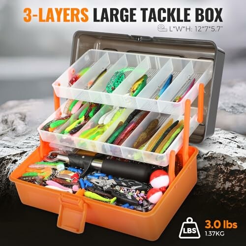 Three-layer large tackle box with various fishing lures and accessories.