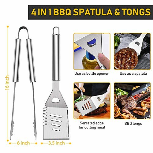 4-in-1 BBQ spatula and tongs with bottle opener, serrated edge, and grilling features.