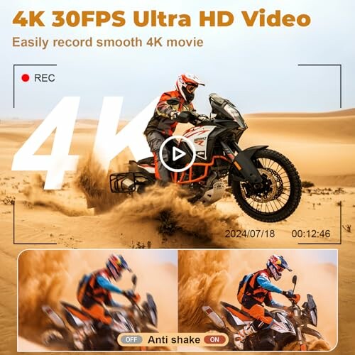 Motorcyclist riding in desert promoting 4K 30FPS video recording.