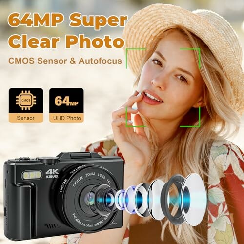 Promotional image of a 64MP camera with CMOS sensor and autofocus, featuring a woman posing outdoors.