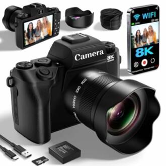 8K digital camera with lens, accessories, and smartphone app.