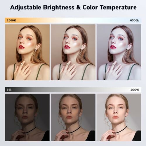 Image showing adjustable brightness and color temperature with three portraits demonstrating different lighting effects.