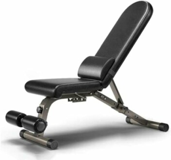 Adjustable weight bench with padded seat and backrest.