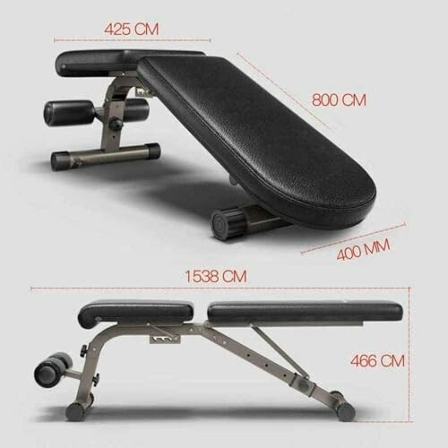 Adjustable gym bench with dimensions.