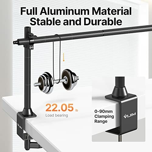 Aluminum desk mount holder with weights, showing load bearing and clamping range.