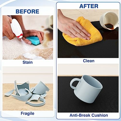 Comparison of a stained and fragile cup before, and a clean unbroken cup on an anti-break cushion after.