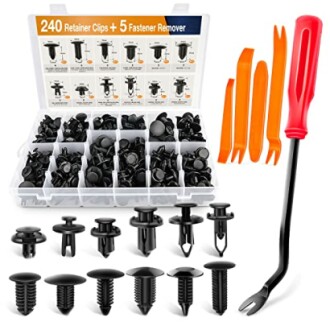 Automotive retainer clips kit with fastener remover tools.