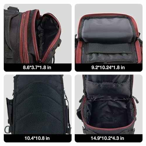 Four images showing different compartments of a backpack with dimensions.