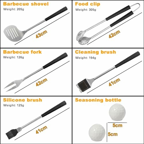 Set of barbecue tools including shovel, food clip, fork, cleaning brush, silicone brush, and seasoning bottle with dimensions and weights.
