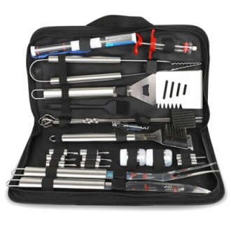 BBQ grill tool set with various utensils in a carrying case.