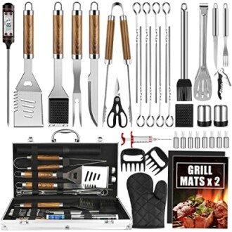 Complete BBQ grill tool set with utensils, thermometer, and carrying case.