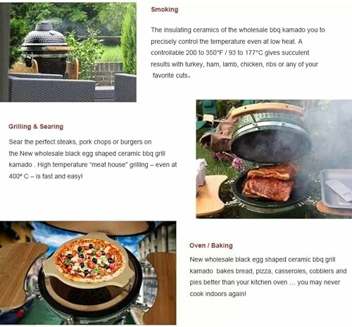 BBQ kamado grill showing smoking, grilling, and baking capabilities