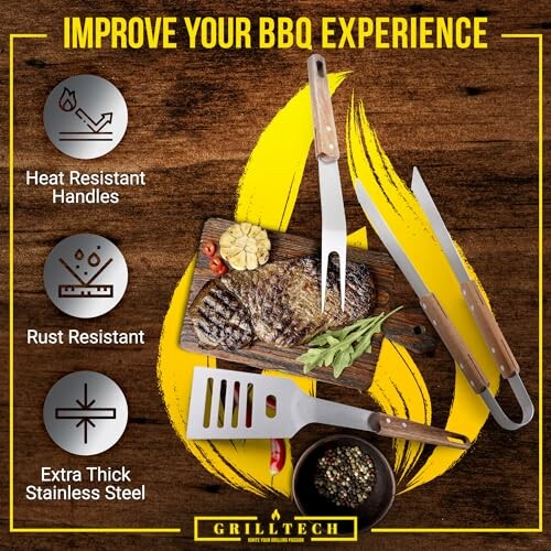 BBQ tools set with heat resistant handles, rust resistant, and extra thick stainless steel features.