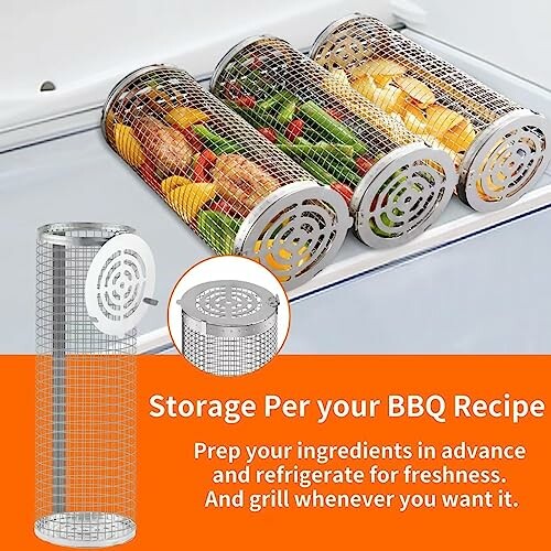 Three mesh containers with vegetables for BBQ storage.