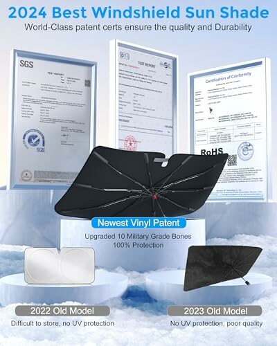 2024 windshield sun shade with certifications and improved design.