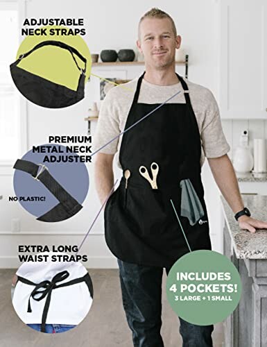 Person wearing a black apron with adjustable neck straps, metal neck adjuster, extra long waist straps, and four pockets.
