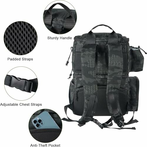Black backpack with sturdy handle, padded straps, adjustable chest straps, and anti-theft pocket.