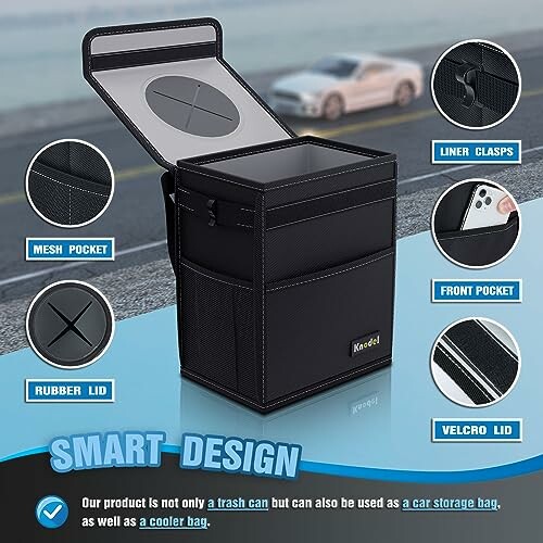 Black car trash can with cooler bag feature and storage pockets.