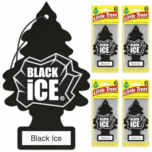 Black Ice Little Trees car air fresheners in packaging.