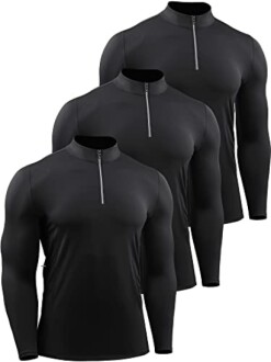 Three black long sleeve shirts with zippers