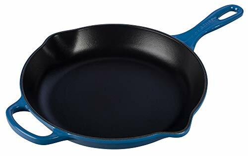 Blue cast iron skillet with handle