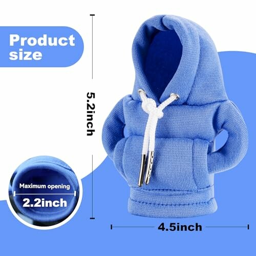 Blue hoodie-style bottle cover with dimensions 5.2 inches tall and 4.5 inches wide.