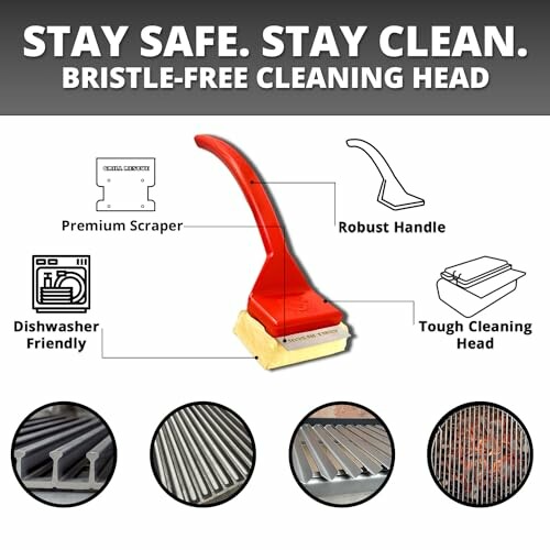 Bristle-free cleaning tool with premium scraper and robust handle.