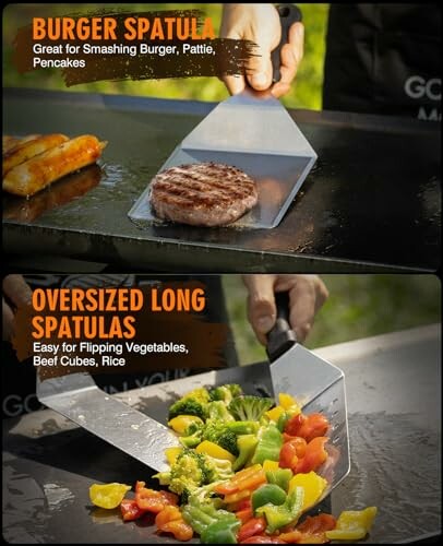 Two spatulas: one for burgers and one oversized for vegetables.