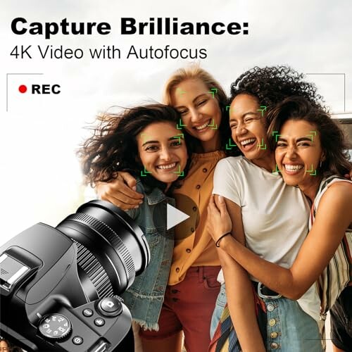 Group of friends smiling with camera autofocus feature displayed.