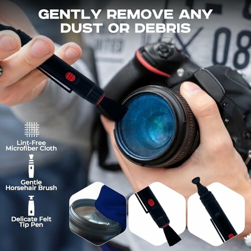 Person cleaning camera lens with a cleaning tool.