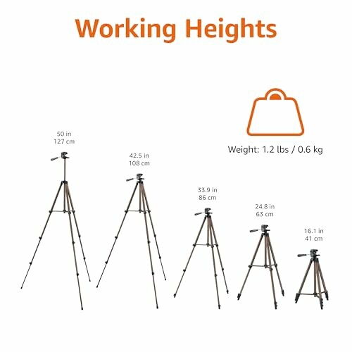Camera tripod with various working heights and weight information.