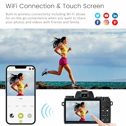 Woman running, camera with WiFi and touch screen features displayed.