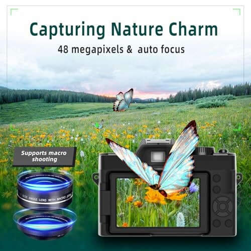 Camera with macro lens capturing butterfly in nature.