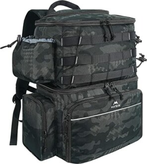 Camouflage tactical backpack with multiple compartments.