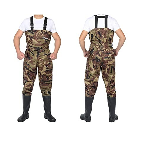 Front and back view of person wearing camouflage fishing waders with boots.