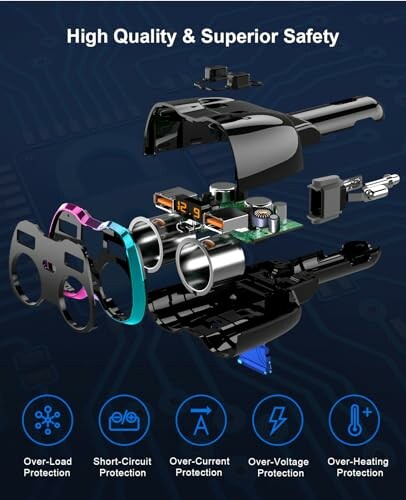 Exploded view of a car charger with safety features listed.