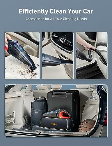 Car cleaning accessories including a vacuum and storage bags in a car trunk.