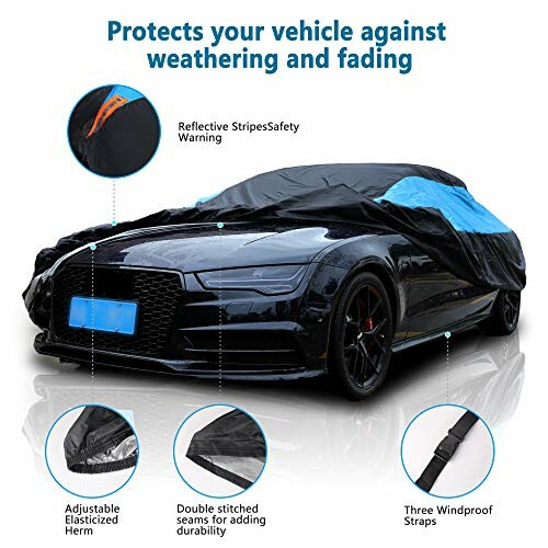 Car cover with weather protection features including reflective stripes and windproof straps.