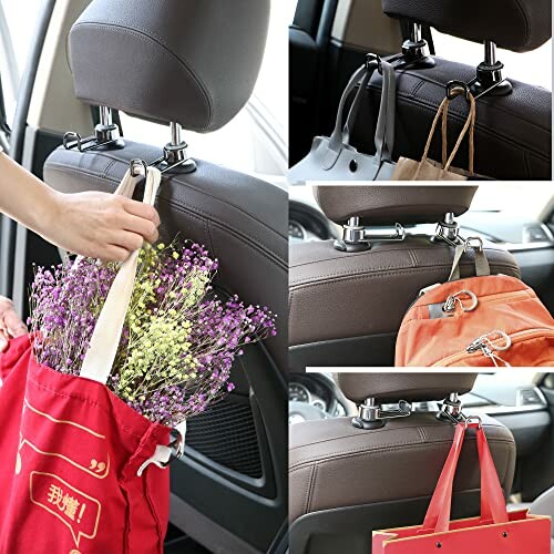 Car headrest hooks holding bags and flowers.