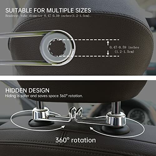 Car headrest hook with adjustable size and hidden design, 360-degree rotation.