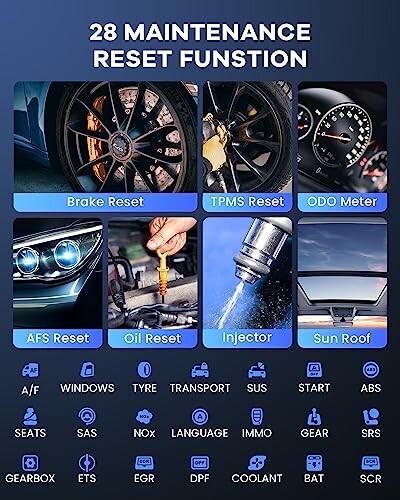Image showing various car maintenance reset functions like brake reset, TPMS reset, and oil reset.