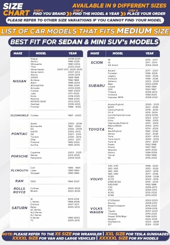 Car models size chart for sedan and mini SUVs.