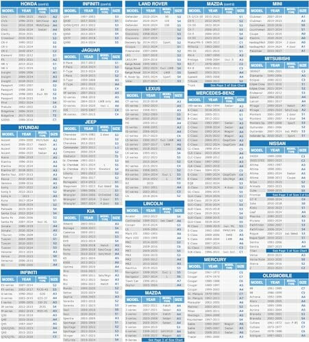 Chart listing car models and years for various brands like Honda, Infiniti, Land Rover, and more.
