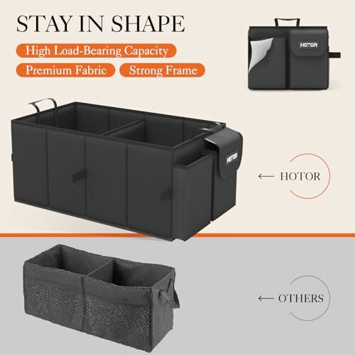 Comparison of car trunk organizers, highlighting HOTOR's high load capacity and strong frame.