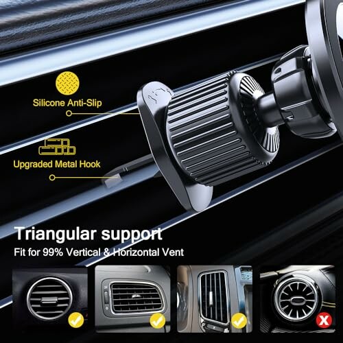 Car phone mount with silicone anti-slip, upgraded metal hook, and triangular support for vents.