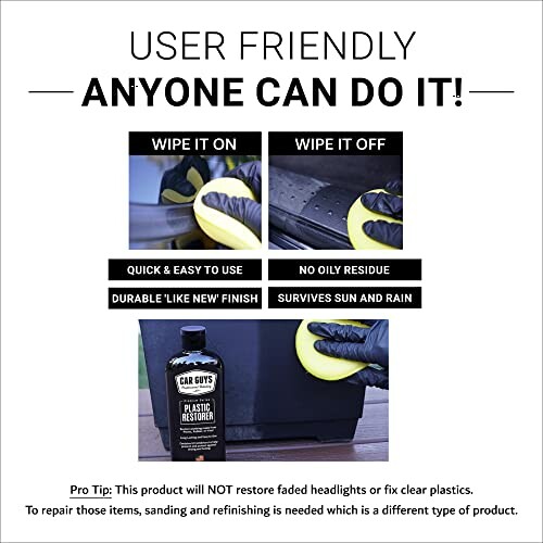 Instructions for using plastic restorer product with images of application and bottle.