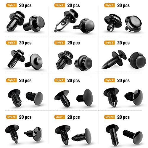 Assorted car plastic rivet set with different styles and quantities.