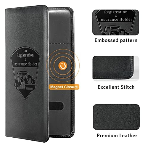 Black car registration and insurance holder with embossed pattern, magnet closure, excellent stitch, and premium leather.